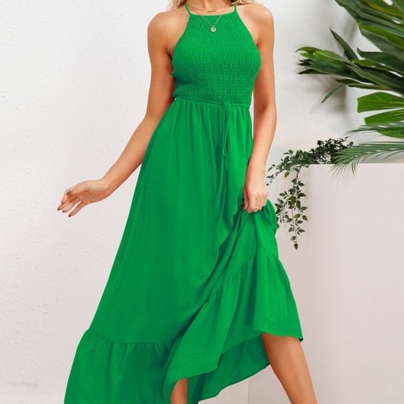 (Out Of Stock) Green Smocked Crisscross Spaghetti Strap Dress - Picture 6 of 10